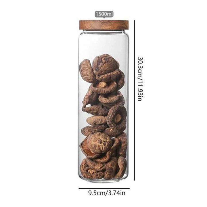1500ml tall airtight glass jar with bamboo lid, 30.3 cm height, 9.5 cm wide, storing dried mushrooms