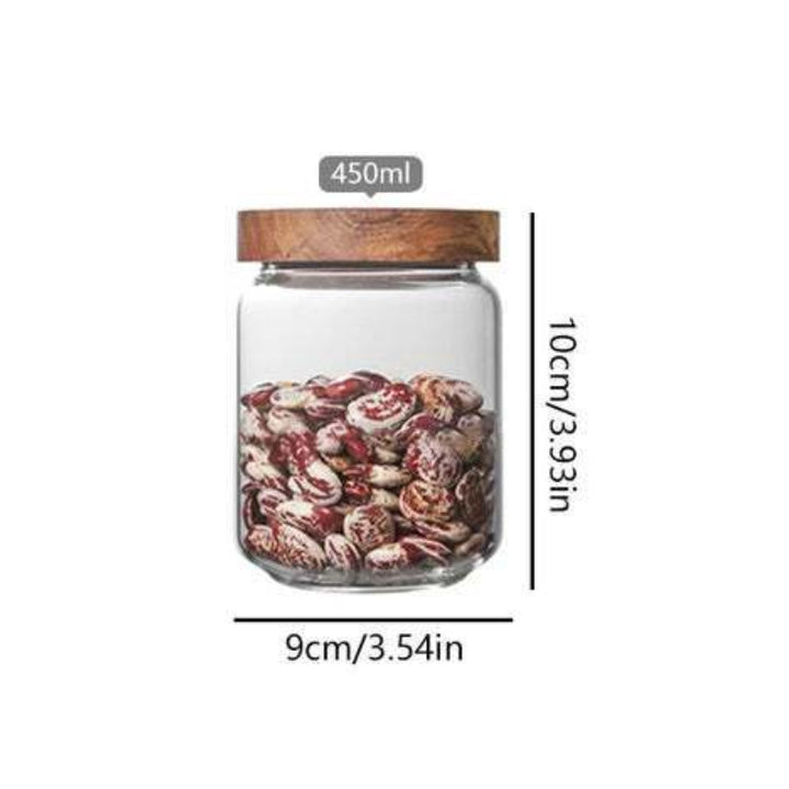 450ml airtight borosilicate glass jar with bamboo lid, 10 cm tall, 9 cm wide, filled with beans