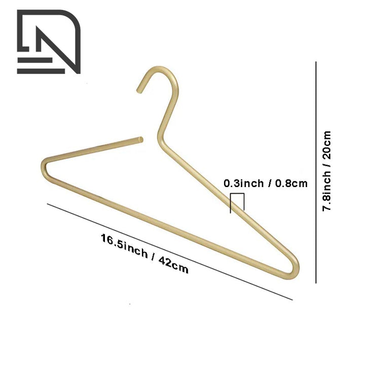 Gold metal clothes hanger with dimensions, 42cm wide slim hanger for jackets, shirts or dresses.