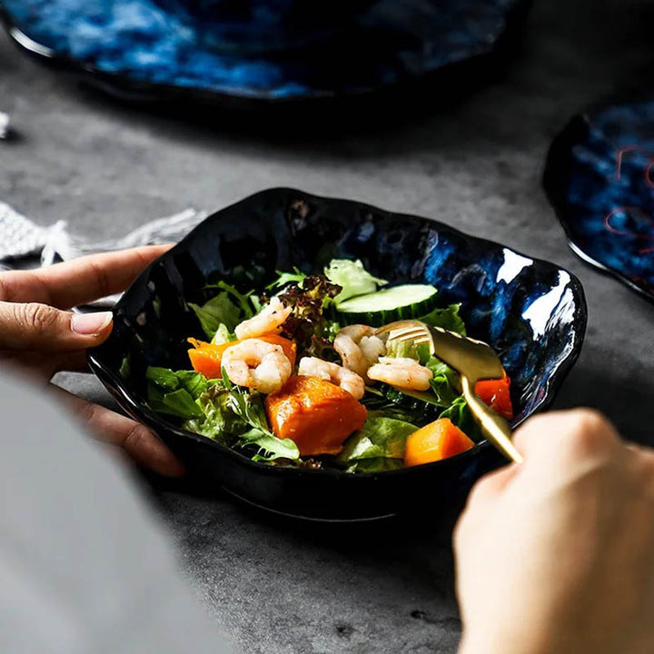 HAVDYK Japandi style deep blue ceramic salad bowl, luxury 12-piece dinnerware set