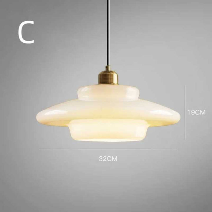 Large cream glass pendant light, 32cm wide with brass holder, mid-century Scandinavian kitchen chandelier