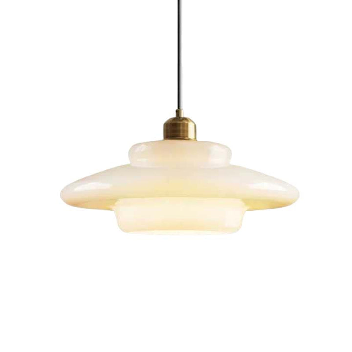 Elegant Pendant light with white glass shade and brass fixture on a white background