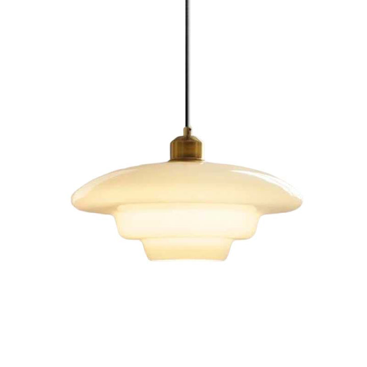 Elegant Pendant light with a white shade and brass fixture on a white background