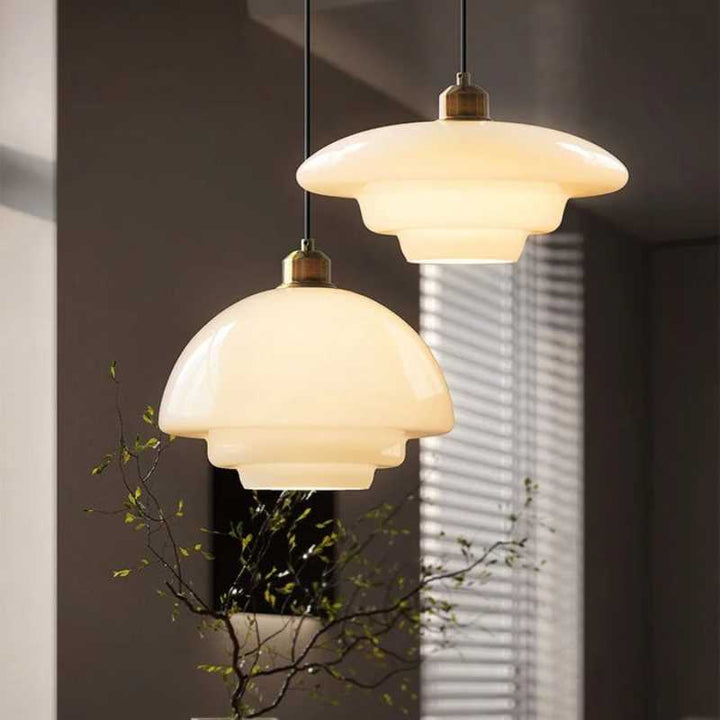 Pair of cream glass pendant lights, mid-century modern chandelier style for living room or dining area