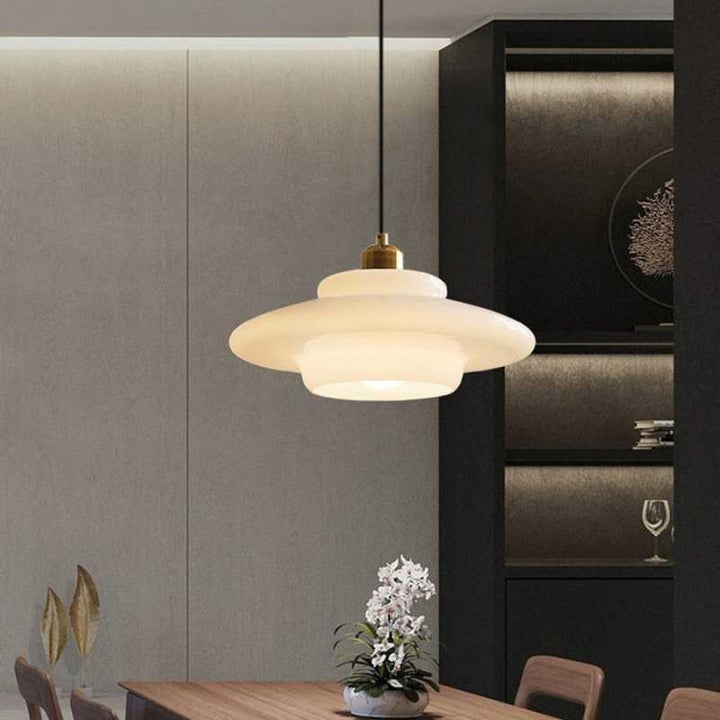 HAVEN glass pendant light above dining table, brass fitting, soft cream shade for Nordic style home