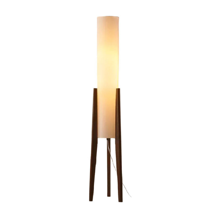 HOJ Japanese floor lamp with tall cylindrical fabric shade and dark wood frame, perfect for modern UK Zen interiors.