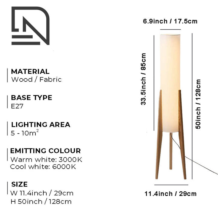 Product dimensions and details for HOJ floor lamp showing wood and fabric materials, height and base width.