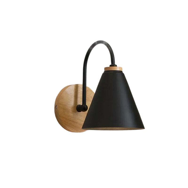 Wall-mounted nordic light fixture with black cone shade and wooden base on a white background