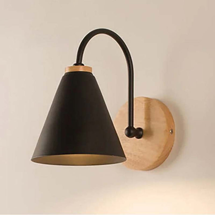 Black HYGGE Nordic LED wall light with natural wood backplate, perfect for living room or hallway