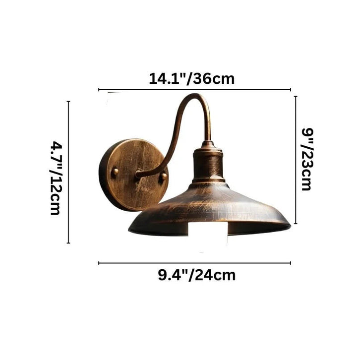 Retro industrial outdoor wall light in bronze finish with curved arm, 36cm wide, 23cm tall, waterproof for garden or terrace use