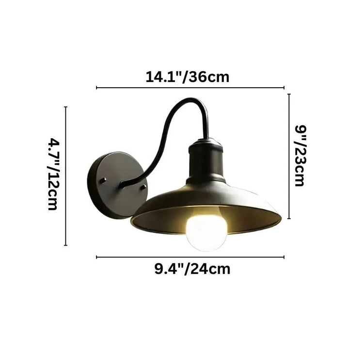 Black industrial outdoor wall light with dimensions 36cm wide and 23cm tall, durable waterproof fixture for exterior use
