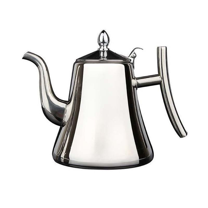Silver stainless steel induction teapot on a white background