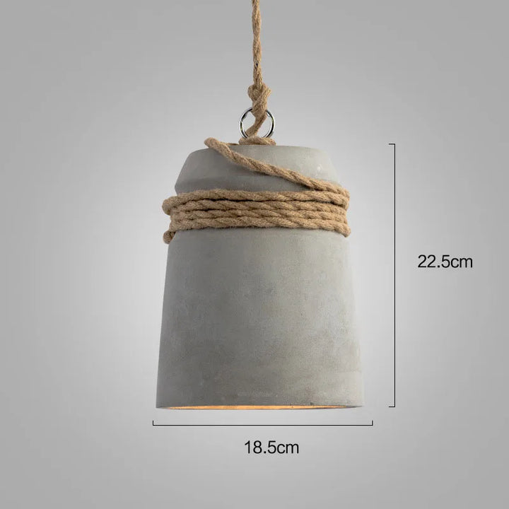Concrete pendant light with rope and measurements on a gray background