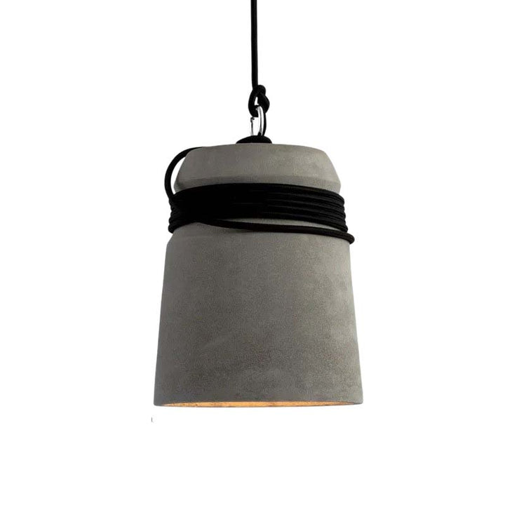 Concrete pendant light with black cord on a white background