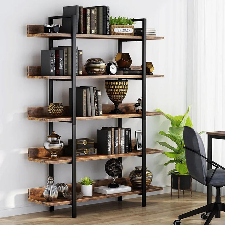 Nordic industrial bookshelf styled in home office setting, with open storage for books and indoor plants.