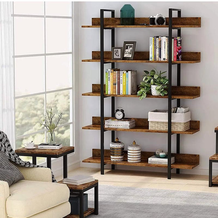 Rustic 5-tier bookcase in modern UK  lounge with iron frame and oak-style shelves, styled with art objects and books.