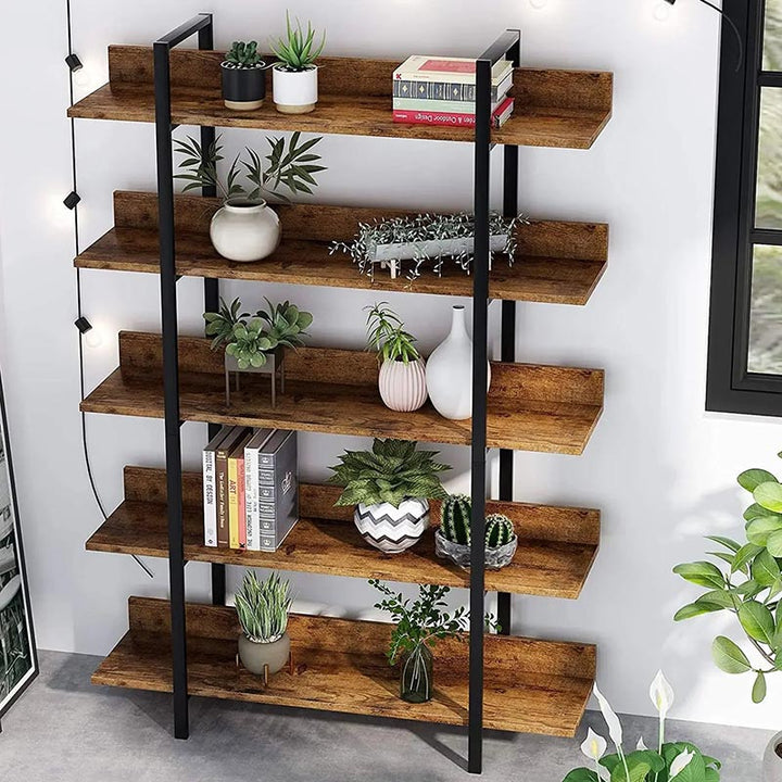 Rustic iron 5tier open storage shelf with wood and metal design, styled with plants and books.