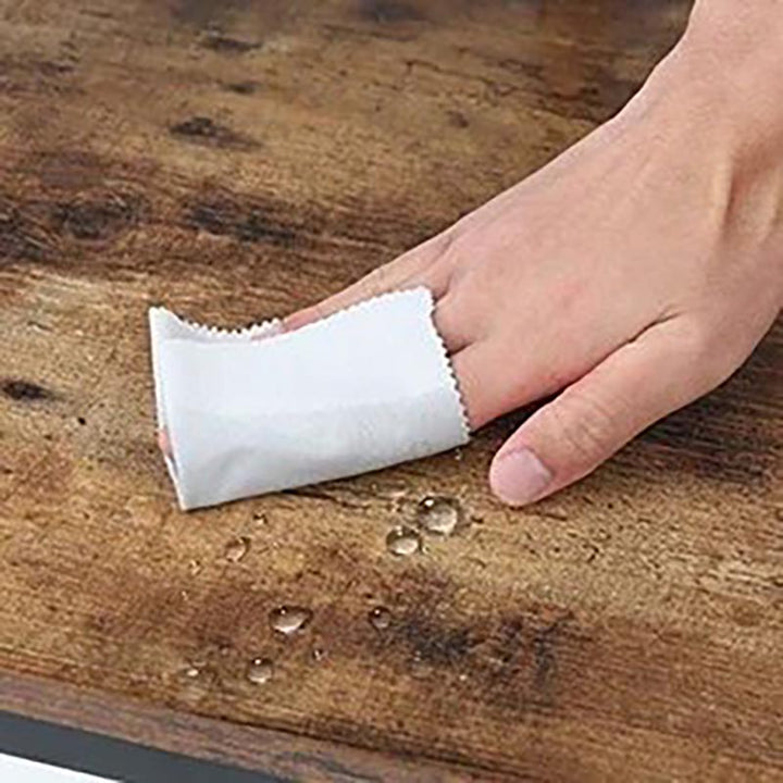 Close-up of rustic wood surface on shelf, demonstrating wipe-clean, durable material ideal for daily use.