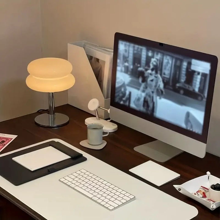 MURANO-STIL USB glass table lamp with double dome cream shade, chrome base, Italian-inspired desk light beside computer setup