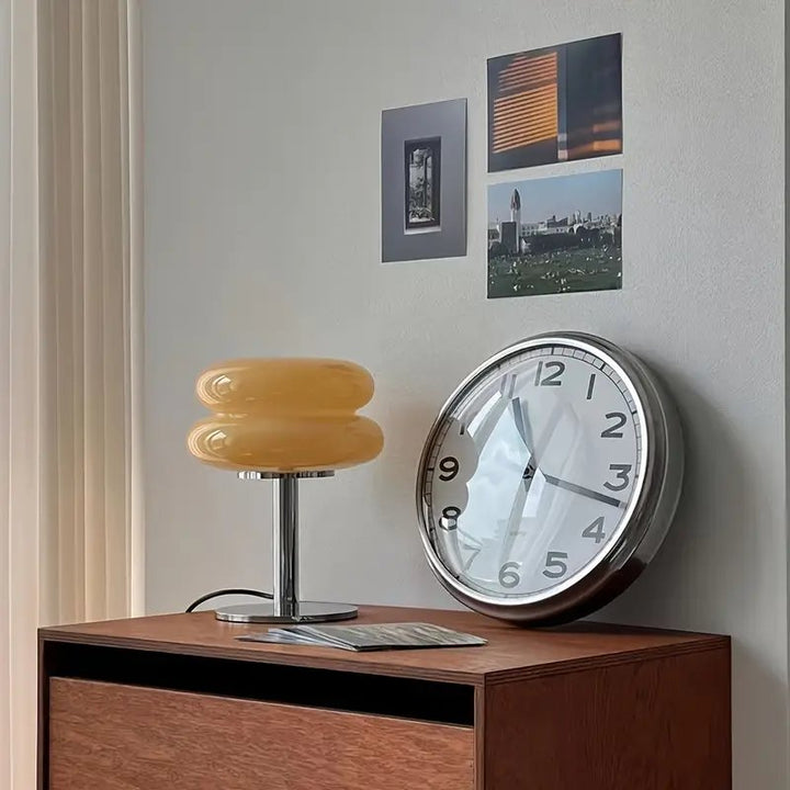 Yellow glass dome table lamp with polished chrome base, USB-powered, stylish lighting for Nordic interiors.