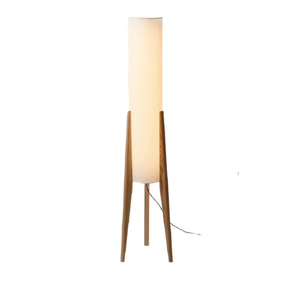 HOJ Japanese floor lamp with tall cylindrical fabric shade and natural wood frame, perfect for modern Zen interiors.