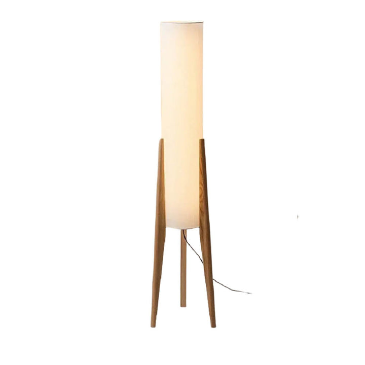 HOJ Japanese floor lamp with tall cylindrical fabric shade and natural wood frame, perfect for modern Zen interiors.