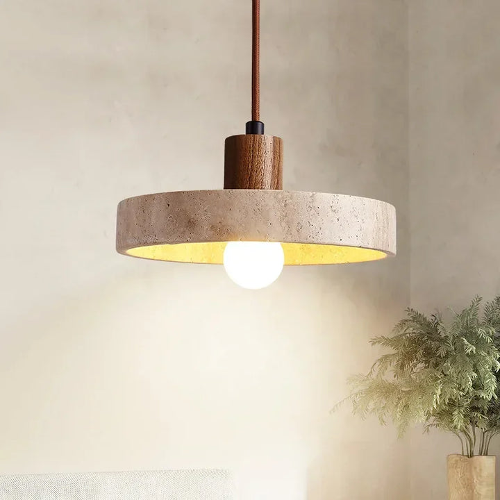 Natural stone pendant light with log wood detail and round LED bulb shade