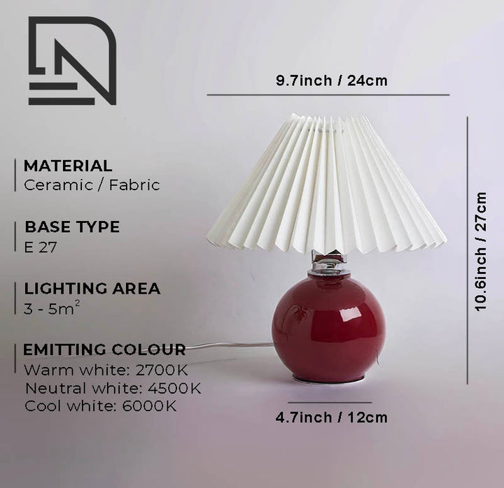 Pleated shade bedside lamp with red ceramic base and product specifications for size and materials.