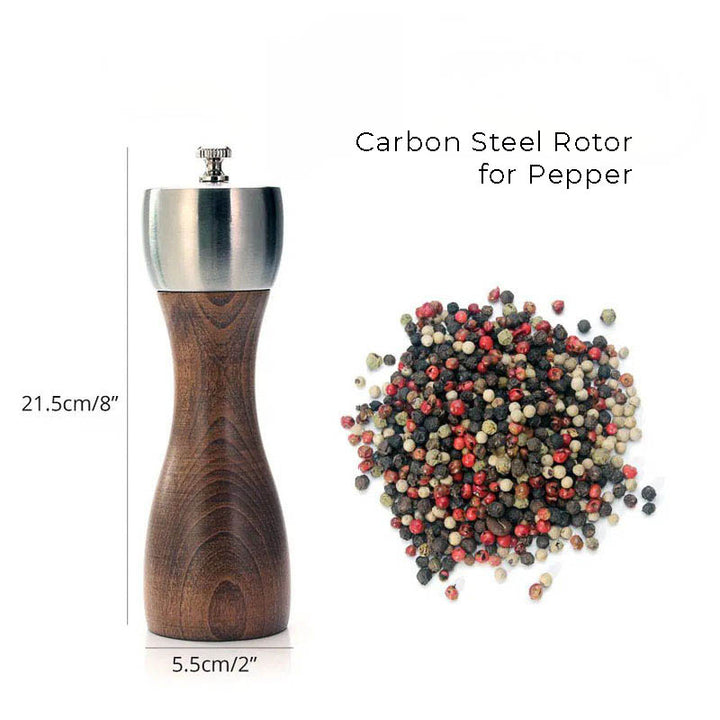 21.5cm pepper mill, natural wood, carbon steel grinder, premium adjustable pepper grinder