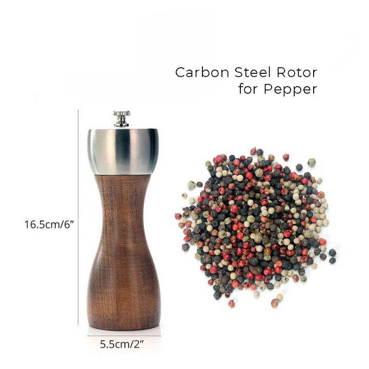 16.5cm pepper mill, natural wood, carbon steel mechanism, compact adjustable pepper grinder