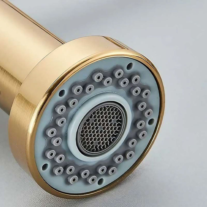 Close-up of a brass shower head with a detailed interior design on a light gray background