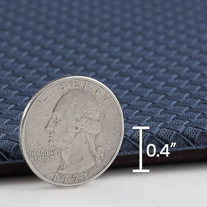 Close-up of a blue textured fabric with a silver coin for scale, showing a measurement of 0.4 inches.