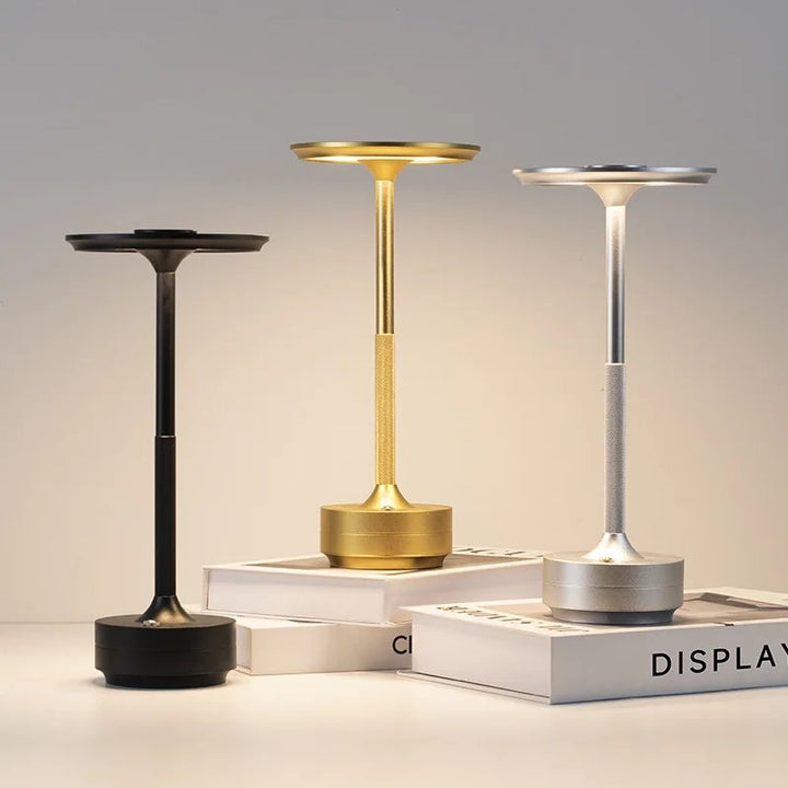 Cordless LED table lamps in black, gold, and silver finishes, LANTERNE with adjustable touch dimming