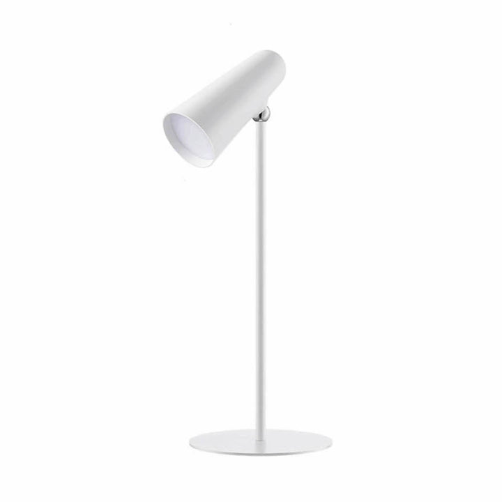 Minimalist white cordless LED desk lamp with touch control and round base, ideal for modern workspaces.