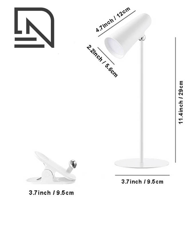 LED cordless desk lamp size chart with height and base diameter measurements for easy fitting.

