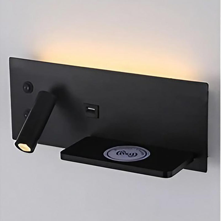 Black wall-mounted light fixture with adjustable arm on a gray background