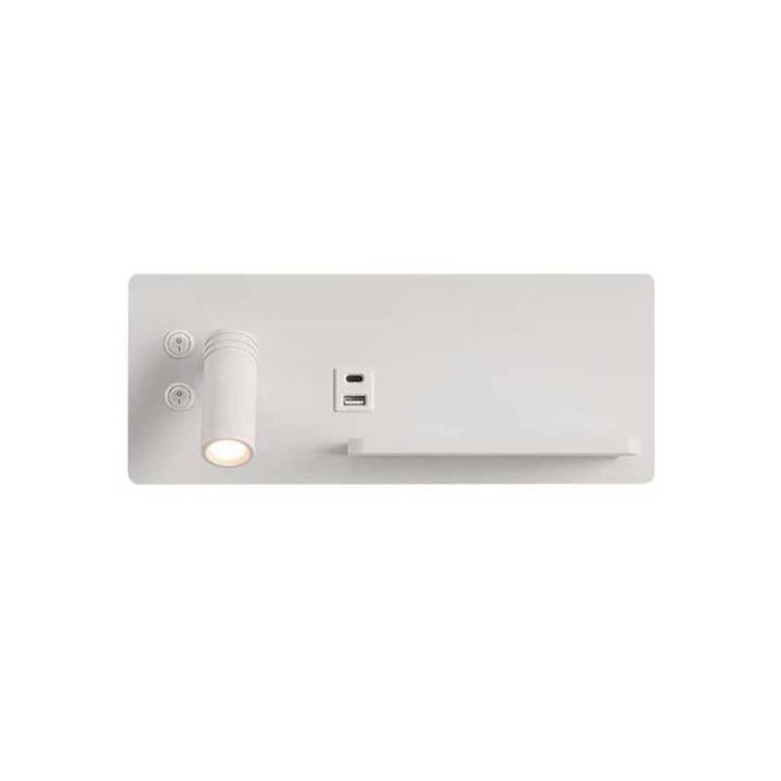 White wall-mounted light fixture with wireless phone charger on a white background