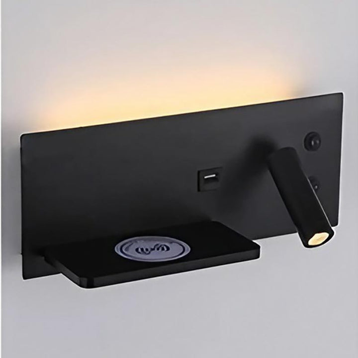 Black wall-mounted light fixture with a USB port on a gray background