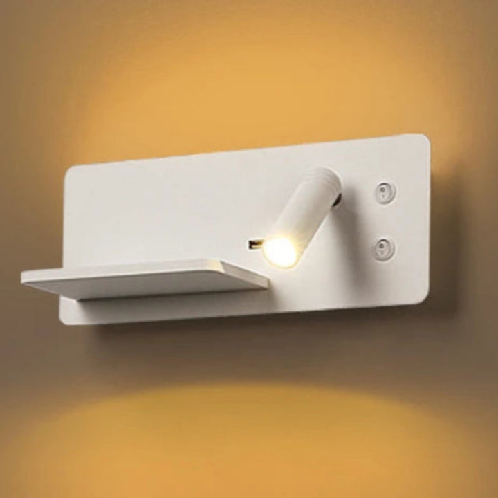 Modern wall-mounted light fixture with a shelf on a neutral background