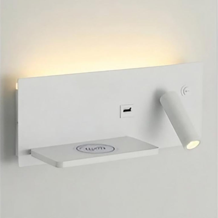 Modern wall-mounted light fixture with a shelf on a white background