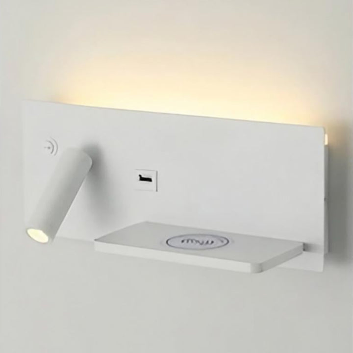 Modern wall-mounted light fixture with a shelf on a white background