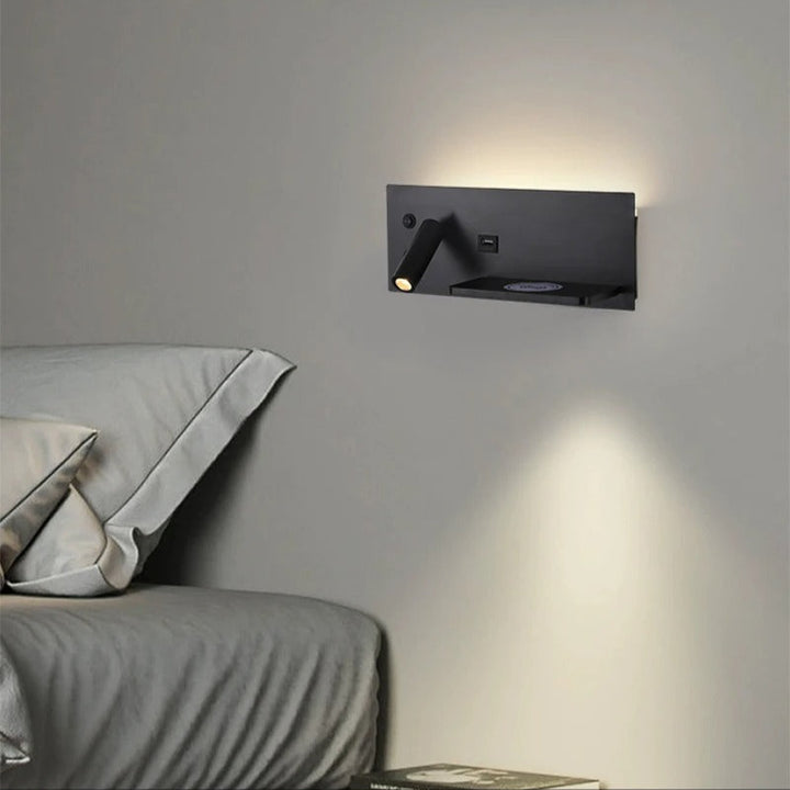 Wall-mounted light fixture in a bedroom setting with soft lighting.