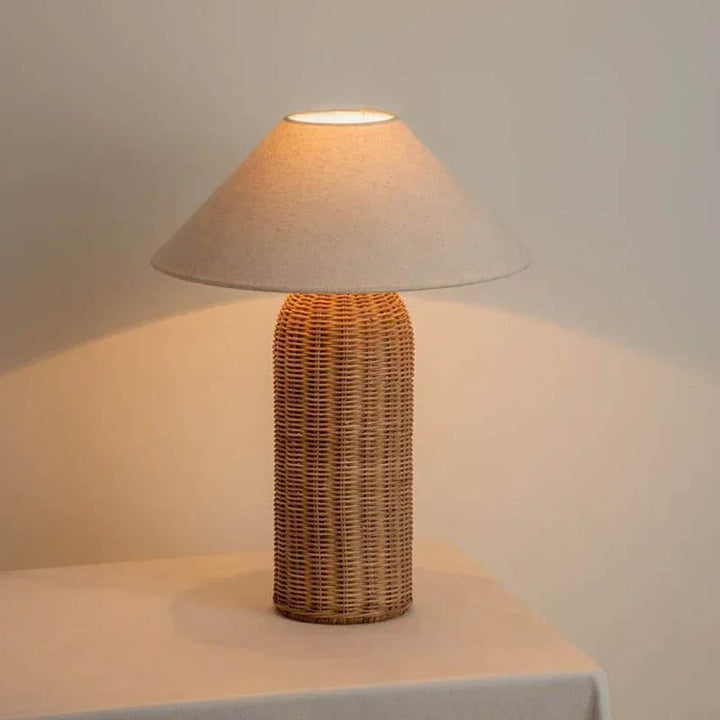 Large LUN rattan table lamp with tall handwoven base and wide cream shade, Nordic Essentials reading lamp
