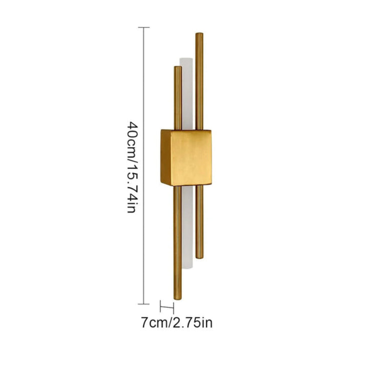 Gold LED wall light 40cm height with dual acrylic rods and 7cm depth