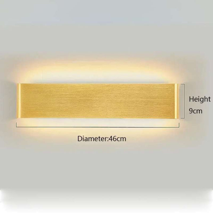 Gold rectangular LYST LED wall lamp, 46cm x 9cm, brushed finish for elegant Scandinavian décor