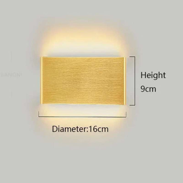 Small gold rectangular LYST LED wall lamp, 16cm x 9cm, warm brushed Scandinavian lighting