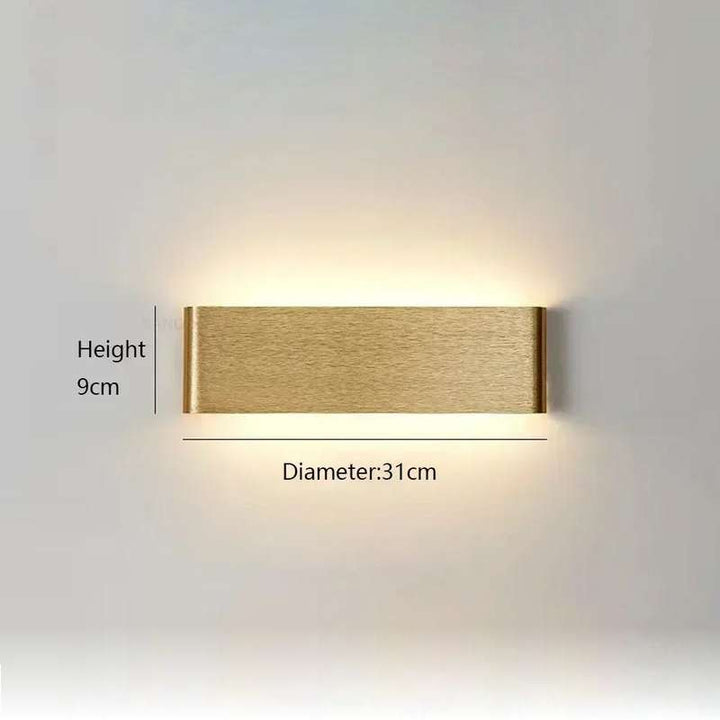 Gold rectangular LYST LED wall lamp, 31cm x 9cm, minimalist Scandinavian lighting fixture