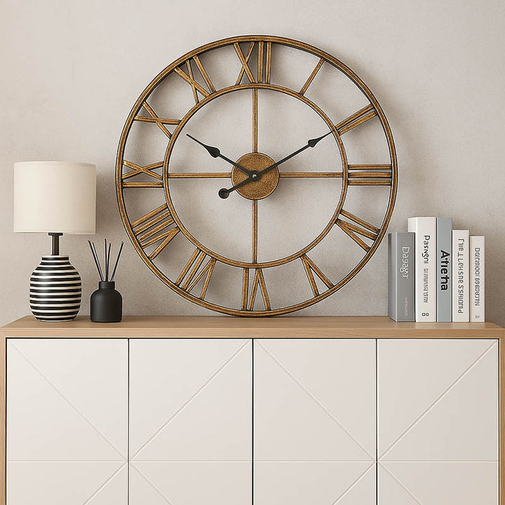 Large 3D metal Roman wall clock in vintage gold finish, 40cm, ideal for modern or industrial UK living room décor.