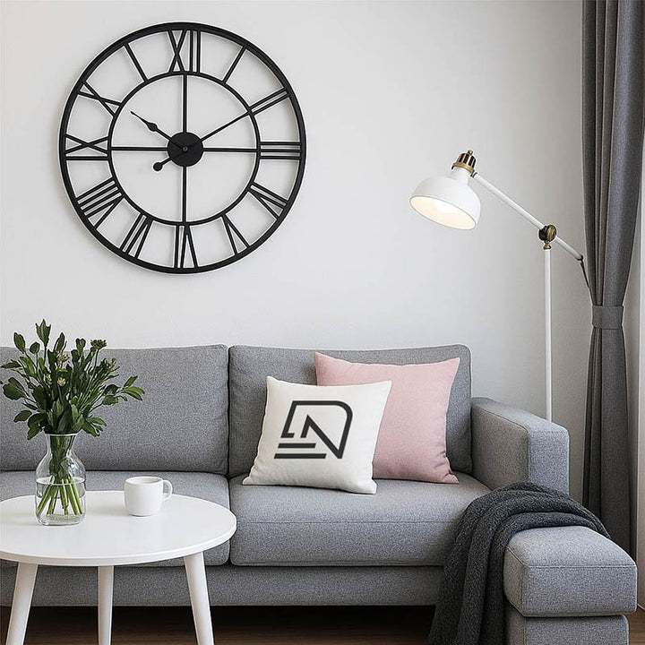 Minimalist black metal Roman numeral wall clock, 40cm, Scandinavian-style hallway clock with decorative console table.