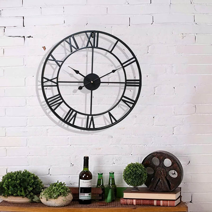 Nordic retro large 3D black metal wall clock with Roman numerals, modern home décor for living room or kitchen feature wall